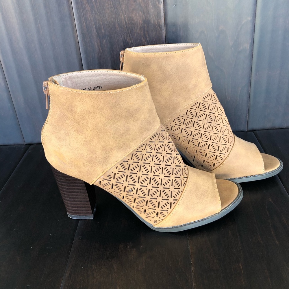 Camel peep toe booties